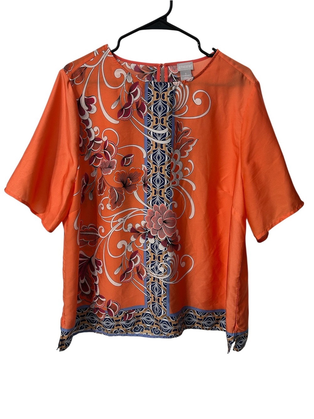 Chico’s Women’s Vibrant Orange Floral Tile Print Blouse Top Size 3/XL